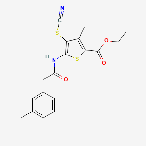 molecular formula C19H20N2O3S2 B2573676 Ethyl 5-(2-(3,4-dimethylphenyl)acetamido)-3-methyl-4-thiocyanatothiophene-2-carboxylate CAS No. 921560-54-5