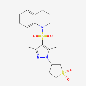 molecular formula C18H23N3O4S2 B2573677 3-(4-((3,4-dihydroquinolin-1(2H)-yl)sulfonyl)-3,5-dimethyl-1H-pyrazol-1-yl)tetrahydrothiophene 1,1-dioxide CAS No. 942813-75-4