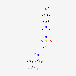 molecular formula C21H26FN3O4S B2573703 2-氟-N-(3-((4-(4-甲氧基苯基)哌嗪-1-基)磺酰基)丙基)苯甲酰胺 CAS No. 1020982-02-8