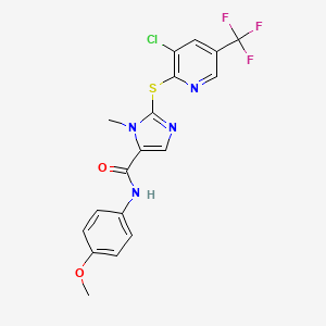 molecular formula C18H14ClF3N4O2S B2573752 2-((3-Chloro-5-(trifluoromethyl)-2-pyridinyl)sulfanyl)-N-(4-methoxyphenyl)-1-methyl-1H-imidazole-5-carboxamide CAS No. 339278-15-8