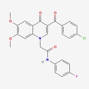 molecular formula C26H20ClFN2O5 B2573753 2-[3-(4-chlorobenzoyl)-6,7-dimethoxy-4-oxoquinolin-1-yl]-N-(4-fluorophenyl)acetamide CAS No. 866808-46-0