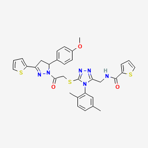 molecular formula C32H30N6O3S3 B2573770 N-((4-(2,5-dimethylphenyl)-5-((2-(5-(4-methoxyphenyl)-3-(thiophen-2-yl)-4,5-dihydro-1H-pyrazol-1-yl)-2-oxoethyl)thio)-4H-1,2,4-triazol-3-yl)methyl)thiophene-2-carboxamide CAS No. 362508-56-3