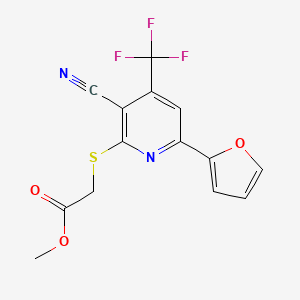 molecular formula C14H9F3N2O3S B2573787 Methyl 2-((3-cyano-6-(furan-2-yl)-4-(trifluoromethyl)pyridin-2-yl)thio)acetate CAS No. 625377-51-7
