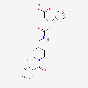 molecular formula C22H25FN2O4S B2573834 5-(((1-(2-氟苯甲酰)哌啶-4-基)甲基)氨基)-5-氧代-3-(噻吩-2-基)戊酸 CAS No. 1428375-43-2