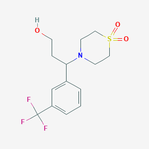 molecular formula C14H18F3NO3S B2573836 4-{3-Hydroxy-1-[3-(trifluoromethyl)phenyl]propyl}-1lambda~6~,4-thiazinane-1,1-dione CAS No. 866041-22-7