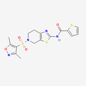 molecular formula C16H16N4O4S3 B2573854 N-(5-((3,5-dimethylisoxazol-4-yl)sulfonyl)-4,5,6,7-tetrahydrothiazolo[5,4-c]pyridin-2-yl)thiophene-2-carboxamide CAS No. 1351659-41-0