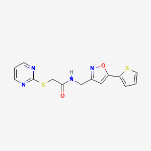 molecular formula C14H12N4O2S2 B2573862 2-(pyrimidin-2-ylthio)-N-((5-(thiophen-2-yl)isoxazol-3-yl)methyl)acetamide CAS No. 1206998-17-5