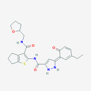 (5E)-5-(3-ethyl-6-oxocyclohexa-2,4-dien-1-ylidene)-N-[3-(oxolan-2-ylmethylcarbamoyl)-5,6-dihydro-4H-cyclopenta[b]thiophen-2-yl]-1,2-dihydropyrazole-3-carboxamide