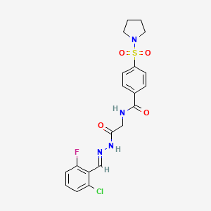 molecular formula C20H20ClFN4O4S B2573920 (E)-N-(2-(2-(2-chloro-6-fluorobenzylidene)hydrazinyl)-2-oxoethyl)-4-(pyrrolidin-1-ylsulfonyl)benzamide CAS No. 391896-05-2
