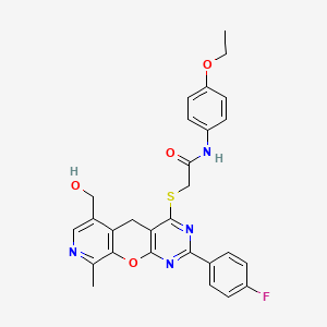 molecular formula C28H25FN4O4S B2573931 N-(4-ethoxyphenyl)-2-((2-(4-fluorophenyl)-6-(hydroxymethyl)-9-methyl-5H-pyrido[4',3':5,6]pyrano[2,3-d]pyrimidin-4-yl)thio)acetamide CAS No. 892385-66-9