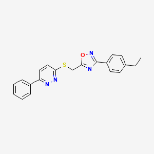 molecular formula C21H18N4OS B2573941 3-(4-Ethylphenyl)-5-(((6-phenylpyridazin-3-yl)thio)methyl)-1,2,4-oxadiazole CAS No. 1111316-41-6