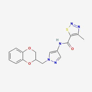 molecular formula C16H15N5O3S B2573967 N-(1-((2,3-dihydrobenzo[b][1,4]dioxin-2-yl)methyl)-1H-pyrazol-4-yl)-4-methyl-1,2,3-thiadiazole-5-carboxamide CAS No. 1797875-53-6