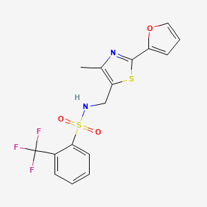 molecular formula C16H13F3N2O3S2 B2574068 N-((2-(furan-2-yl)-4-methylthiazol-5-yl)methyl)-2-(trifluoromethyl)benzenesulfonamide CAS No. 1421445-59-1