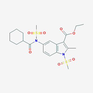 molecular formula C21H28N2O7S2 B257408 Ethyl 5-[cyclohexanecarbonyl(methylsulfonyl)amino]-2-methyl-1-methylsulfonylindole-3-carboxylate 