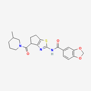 molecular formula C21H23N3O4S B2574085 N-(4-(3-methylpiperidine-1-carbonyl)-5,6-dihydro-4H-cyclopenta[d]thiazol-2-yl)benzo[d][1,3]dioxole-5-carboxamide CAS No. 955628-65-6