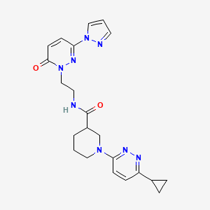 molecular formula C22H26N8O2 B2574089 1-(6-cyclopropylpyridazin-3-yl)-N-{2-[6-oxo-3-(1H-pyrazol-1-yl)-1,6-dihydropyridazin-1-yl]ethyl}piperidine-3-carboxamide CAS No. 2097933-68-9