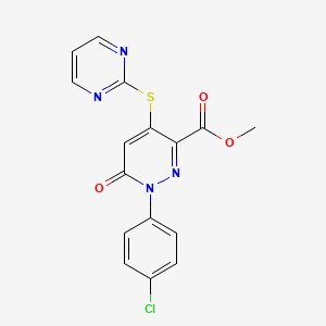 molecular formula C16H11ClN4O3S B2574090 Methyl 1-(4-chlorophenyl)-6-oxo-4-(2-pyrimidinylsulfanyl)-1,6-dihydro-3-pyridazinecarboxylate CAS No. 338756-23-3