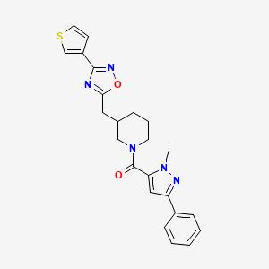 molecular formula C23H23N5O2S B2574137 (1-methyl-3-phenyl-1H-pyrazol-5-yl)(3-((3-(thiophen-3-yl)-1,2,4-oxadiazol-5-yl)methyl)piperidin-1-yl)methanone CAS No. 1705892-63-2