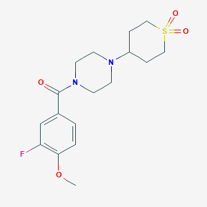 molecular formula C17H23FN2O4S B2574144 (4-(1,1-dioxidotetrahydro-2H-thiopyran-4-yl)piperazin-1-yl)(3-fluoro-4-methoxyphenyl)methanone CAS No. 2034459-53-3