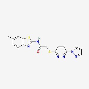 molecular formula C17H14N6OS2 B2574150 2-((6-(1H-pyrazol-1-yl)pyridazin-3-yl)thio)-N-(6-methylbenzo[d]thiazol-2-yl)acetamide CAS No. 1351645-09-4