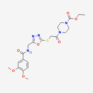 molecular formula C21H27N5O7S B2574165 Ethyl 4-(2-((5-((3,4-dimethoxybenzamido)methyl)-1,3,4-oxadiazol-2-yl)thio)acetyl)piperazine-1-carboxylate CAS No. 851862-68-5