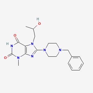 molecular formula C20H26N6O3 B2574213 8-(4-苄基哌嗪-1-基)-7-(2-羟丙基)-3-甲基-1H-嘌呤-2,6(3H,7H)-二酮 CAS No. 878713-10-1