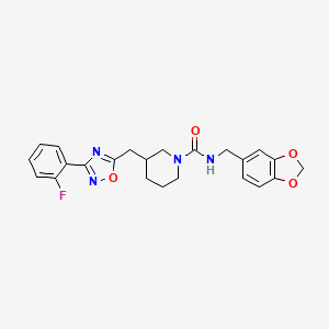 molecular formula C23H23FN4O4 B2574220 N-(benzo[d][1,3]dioxol-5-ylmethyl)-3-((3-(2-fluorophenyl)-1,2,4-oxadiazol-5-yl)methyl)piperidine-1-carboxamide CAS No. 1705466-08-5