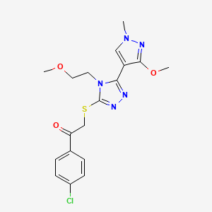 molecular formula C18H20ClN5O3S B2574268 1-(4-chlorophenyl)-2-((5-(3-methoxy-1-methyl-1H-pyrazol-4-yl)-4-(2-methoxyethyl)-4H-1,2,4-triazol-3-yl)thio)ethanone CAS No. 1013776-10-7