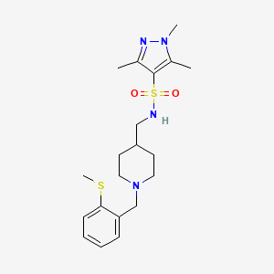 molecular formula C20H30N4O2S2 B2574304 1,3,5-trimethyl-N-((1-(2-(methylthio)benzyl)piperidin-4-yl)methyl)-1H-pyrazole-4-sulfonamide CAS No. 1448044-02-7