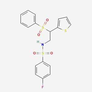 molecular formula C18H16FNO4S3 B2574308 4-fluoro-N-[2-(phenylsulfonyl)-2-(2-thienyl)ethyl]benzenesulfonamide CAS No. 896341-33-6