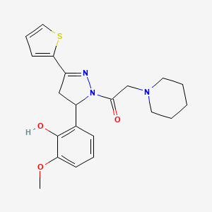 molecular formula C21H25N3O3S B2574326 1-(5-(2-hydroxy-3-methoxyphenyl)-3-(thiophen-2-yl)-4,5-dihydro-1H-pyrazol-1-yl)-2-(piperidin-1-yl)ethanone CAS No. 900013-20-9