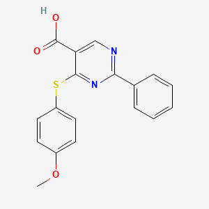 molecular formula C18H14N2O3S B2574412 4-[(4-甲氧基苯基)硫代]-2-苯基-5-嘧啶羧酸 CAS No. 477854-63-0