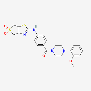 molecular formula C23H26N4O4S2 B2574417 (4-((5,5-Dioxido-3a,4,6,6a-tetrahydrothieno[3,4-d]thiazol-2-yl)amino)phenyl)(4-(2-methoxyphenyl)piperazin-1-yl)methanone CAS No. 866865-11-4