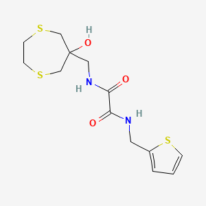 molecular formula C13H18N2O3S3 B2574567 N'-[(6-Hydroxy-1,4-dithiepan-6-yl)methyl]-N-(thiophen-2-ylmethyl)oxamide CAS No. 2415630-86-1
