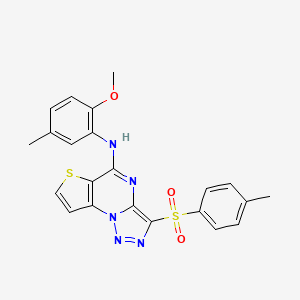 molecular formula C22H19N5O3S2 B2574583 N-(2-methoxy-5-methylphenyl)-3-tosylthieno[2,3-e][1,2,3]triazolo[1,5-a]pyrimidin-5-amine CAS No. 892734-23-5