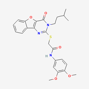molecular formula C25H27N3O5S B2574611 N-(3,4-dimethoxyphenyl)-2-{[3-(3-methylbutyl)-4-oxo-3,4-dihydro[1]benzofuro[3,2-d]pyrimidin-2-yl]sulfanyl}acetamide CAS No. 900003-18-1