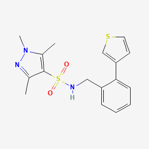 molecular formula C17H19N3O2S2 B2574660 1,3,5-trimethyl-N-(2-(thiophen-3-yl)benzyl)-1H-pyrazole-4-sulfonamide CAS No. 1797984-24-7