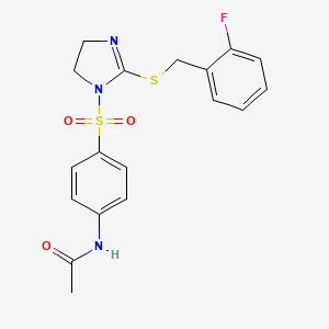 molecular formula C18H18FN3O3S2 B2574693 N-[4-[[2-[(2-fluorophenyl)methylsulfanyl]-4,5-dihydroimidazol-1-yl]sulfonyl]phenyl]acetamide CAS No. 868218-55-7