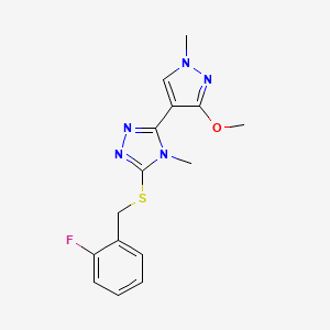 molecular formula C15H16FN5OS B2574727 3-((2-fluorobenzyl)thio)-5-(3-methoxy-1-methyl-1H-pyrazol-4-yl)-4-methyl-4H-1,2,4-triazole CAS No. 1014073-60-9