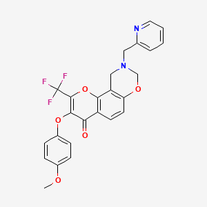 molecular formula C25H19F3N2O5 B2574795 3-(4-methoxyphenoxy)-9-(pyridin-2-ylmethyl)-2-(trifluoromethyl)-9,10-dihydro-4H,8H-chromeno[8,7-e][1,3]oxazin-4-one CAS No. 951965-08-5