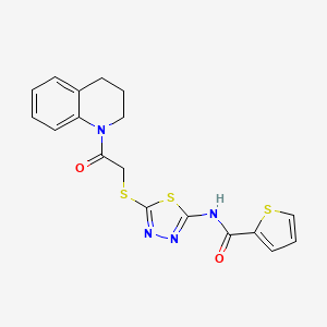 molecular formula C18H16N4O2S3 B2574825 N-[5-[2-(3,4-dihydro-2H-quinolin-1-yl)-2-oxoethyl]sulfanyl-1,3,4-thiadiazol-2-yl]thiophene-2-carboxamide CAS No. 392300-08-2