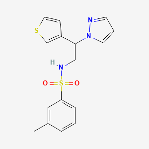 molecular formula C16H17N3O2S2 B2574828 N-(2-(1H-pyrazol-1-yl)-2-(thiophen-3-yl)ethyl)-3-methylbenzenesulfonamide CAS No. 2034341-16-5
