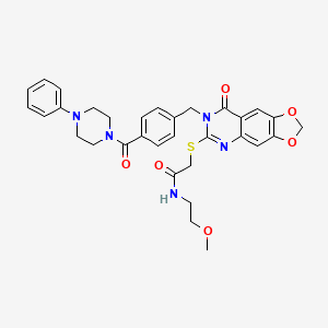 molecular formula C32H33N5O6S B2574848 N-(2-甲氧基乙基)-2-((8-氧代-7-(4-(4-苯基哌嗪-1-羰基)苄基)-7,8-二氢-[1,3]二氧杂环[4,5-g]喹唑啉-6-基)硫代)乙酰胺 CAS No. 689759-18-0
