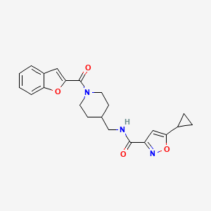 molecular formula C22H23N3O4 B2574850 N-((1-(benzofuran-2-carbonyl)piperidin-4-yl)methyl)-5-cyclopropylisoxazole-3-carboxamide CAS No. 1396811-56-5