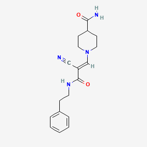 molecular formula C18H22N4O2 B2574867 (E)-1-(2-cyano-3-oxo-3-(phenethylamino)prop-1-en-1-yl)piperidine-4-carboxamide CAS No. 885180-81-4