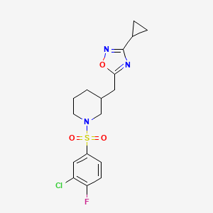 molecular formula C17H19ClFN3O3S B2574877 5-((1-((3-Chloro-4-fluorophenyl)sulfonyl)piperidin-3-yl)methyl)-3-cyclopropyl-1,2,4-oxadiazole CAS No. 1705940-80-2