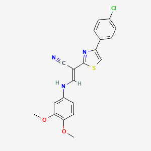 molecular formula C20H16ClN3O2S B2574959 (E)-2-(4-(4-chlorophenyl)thiazol-2-yl)-3-((3,4-dimethoxyphenyl)amino)acrylonitrile CAS No. 377049-93-9