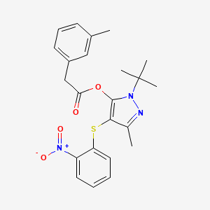 molecular formula C23H25N3O4S B2574984 1-(tert-butyl)-3-methyl-4-((2-nitrophenyl)thio)-1H-pyrazol-5-yl 2-(m-tolyl)acetate CAS No. 851127-24-7