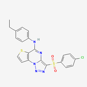 molecular formula C21H16ClN5O2S2 B2575010 3-[(4-chlorophenyl)sulfonyl]-N-(4-ethylphenyl)thieno[2,3-e][1,2,3]triazolo[1,5-a]pyrimidin-5-amine CAS No. 892738-65-7