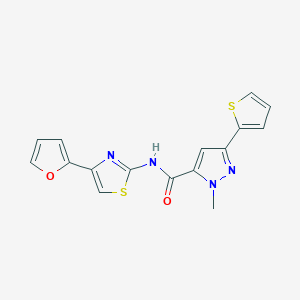 molecular formula C16H12N4O2S2 B2575012 N-(4-(furan-2-yl)thiazol-2-yl)-1-methyl-3-(thiophen-2-yl)-1H-pyrazole-5-carboxamide CAS No. 1219842-66-6